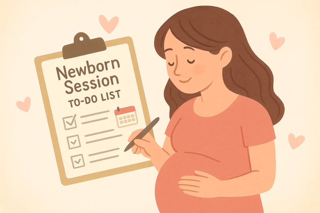 A sweet 2D illustration of a pregnant woman holding a checklist titled "Newborn Session To-Do List" — a soft pastel background with hearts and a tiny calendar icon.