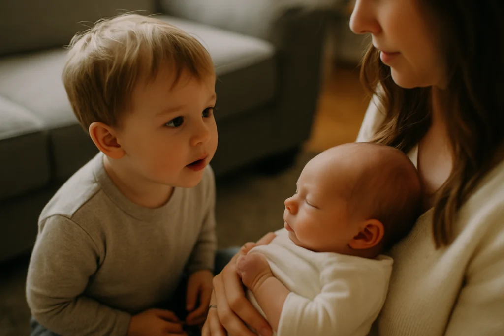 Documentary-style moment of toddler looking curiously at baby in parent’s lap, soft blur in background