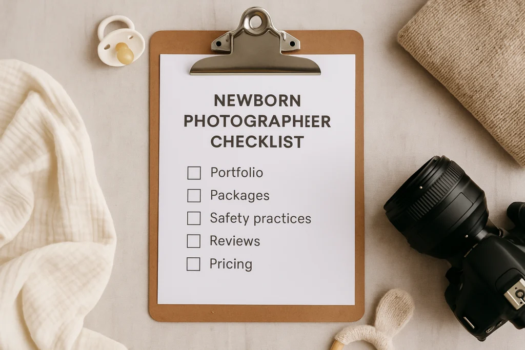 A newborn photographer’s checklist sits on a clipboard beside a pacifier, swaddle, and DSLR camera in a cozy flat-lay