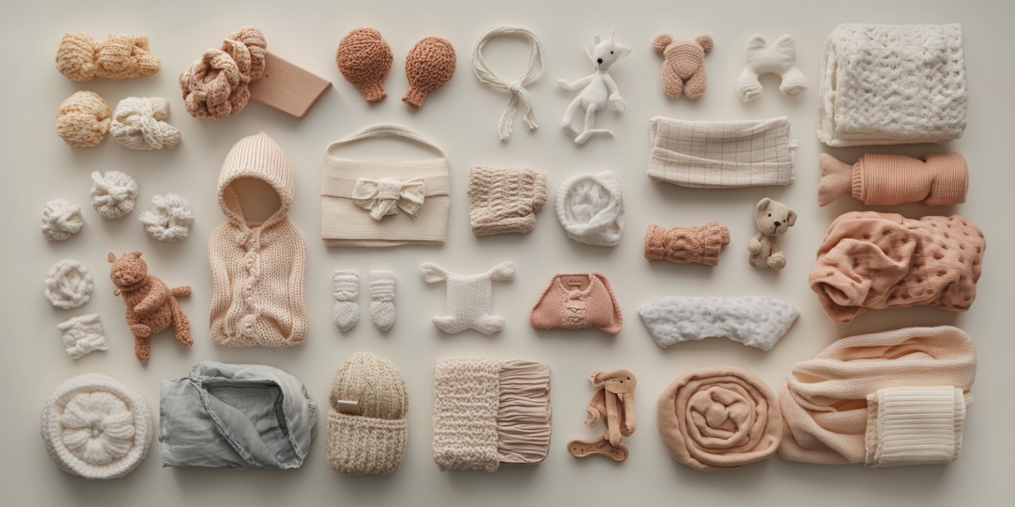 An overhead view of a carefully arranged collection of props for newborn photography vancouver