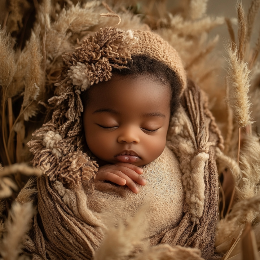 brown skin newborn wrapped in the basket studio setting for newborn photography vancouver