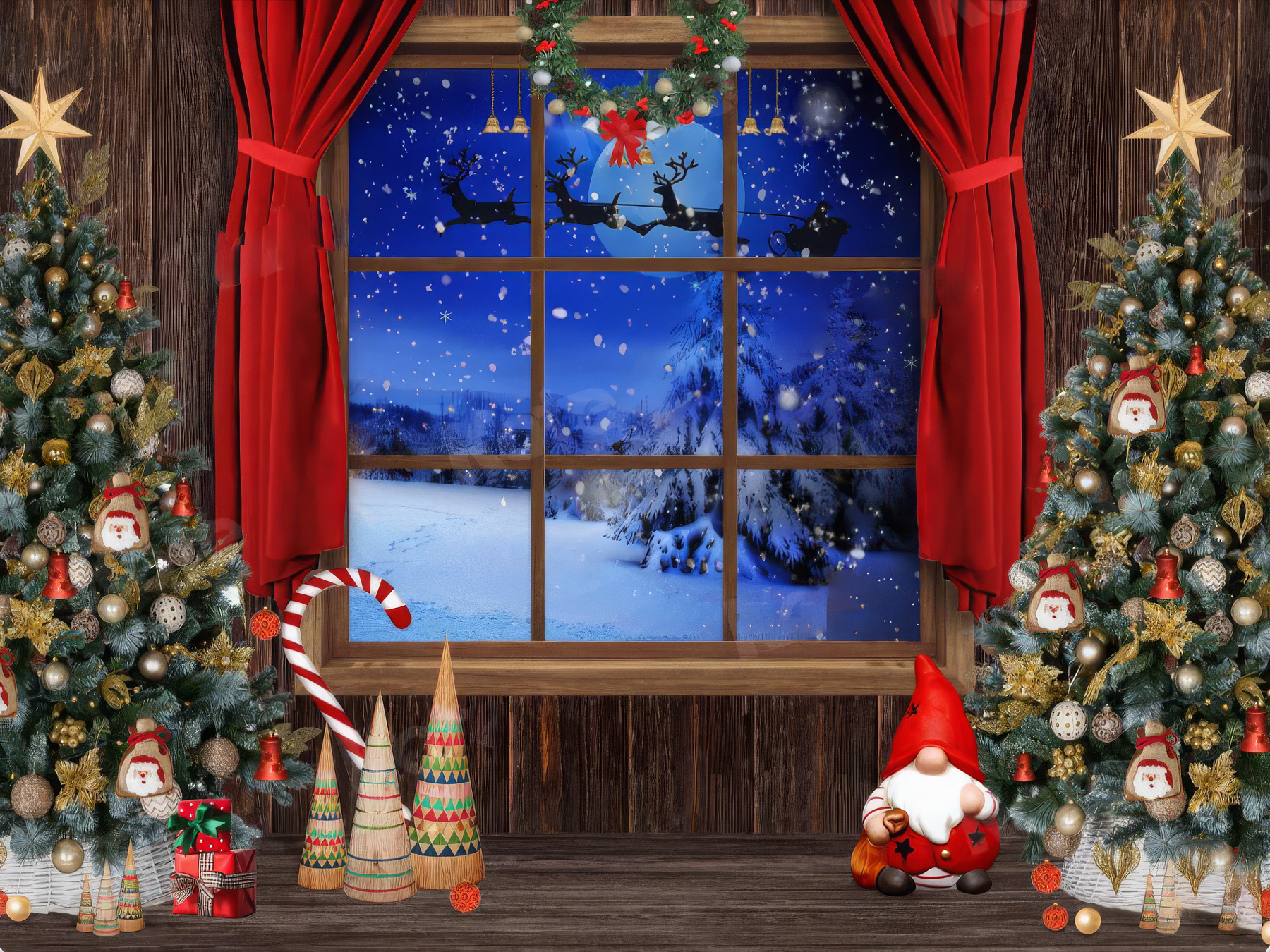 Snow-covered festive street with decorated Christmas trees, garlands, and warmly lit shop windows.