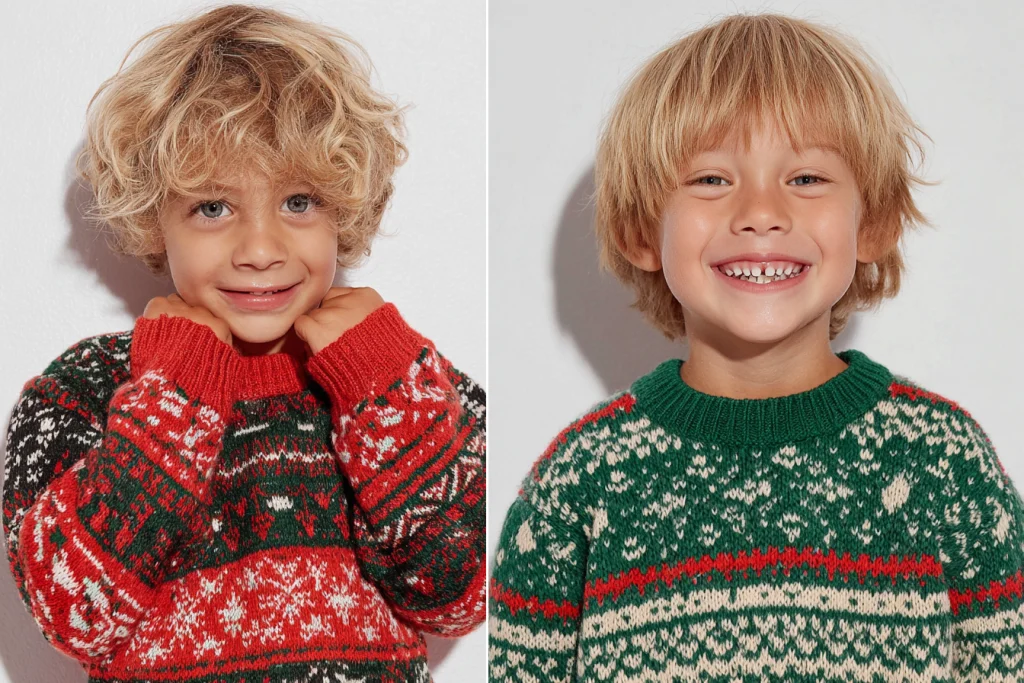 Child unhappy in itchy sweater compared to another child smiling in a cozy knit.