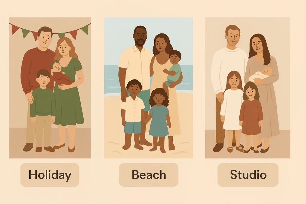 Collage of family outfit ideas for holiday, beach, and formal studio sessions.