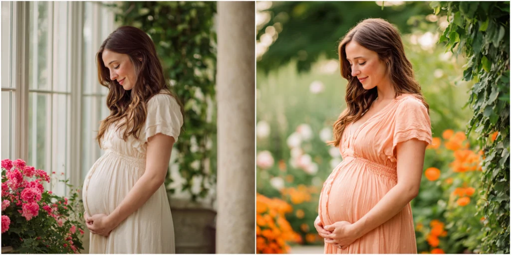 Split graphic comparing indoor studio maternity photos with outdoor natural-light portraits.