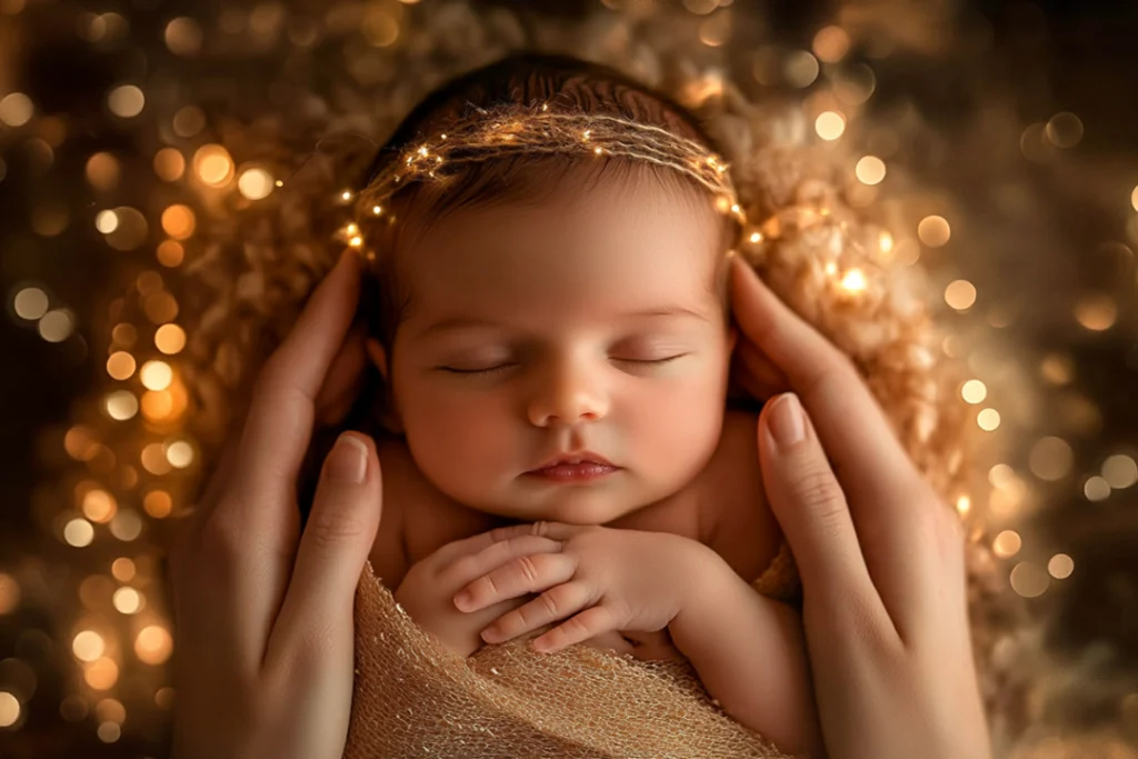 A peaceful shot of a photographer gently cradling a newborn with both hands, studio background blurred out softly to focus on the connection.