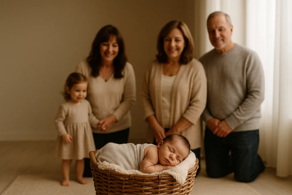 newborn session setup in a cozy studio, showing a baby calmly sleeping in a basket while three adults and one toddler stand just outside the frame looking in, smiling