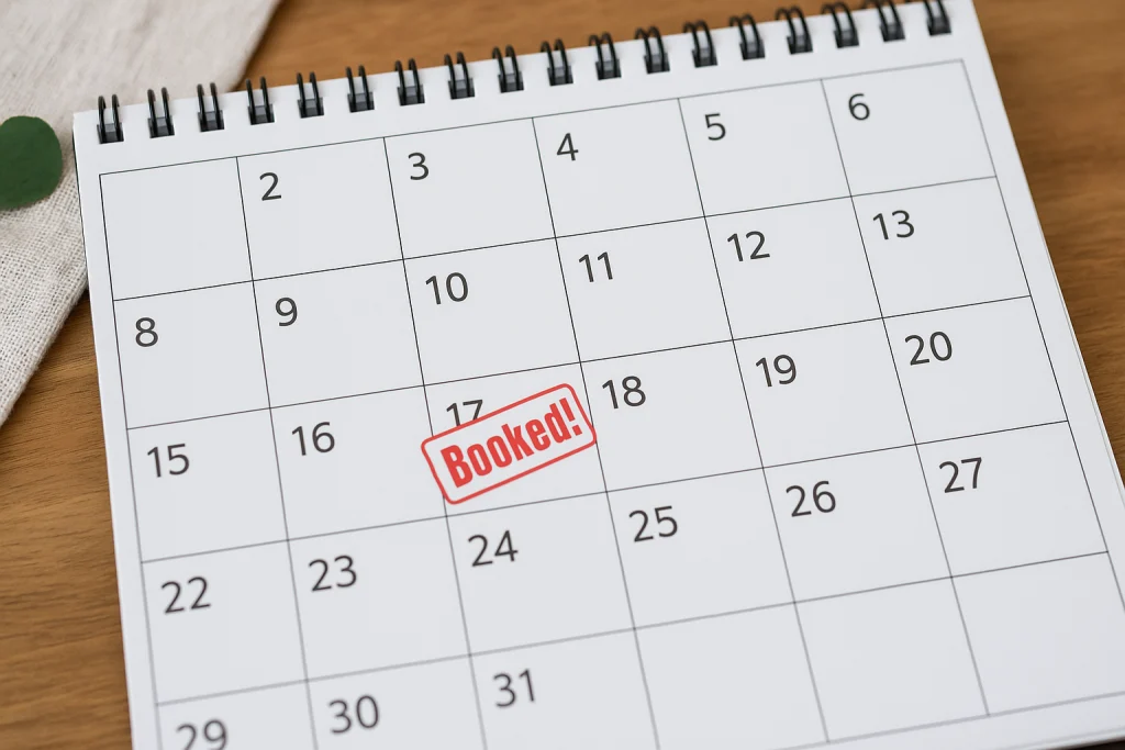 Calendar graphic with a “Booked!” stamp on week 30 to encourage early maternity session scheduling.