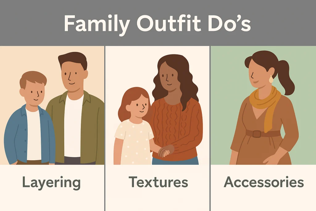 Infographic of professional tips for family outfits including layering, textures, and accessories.