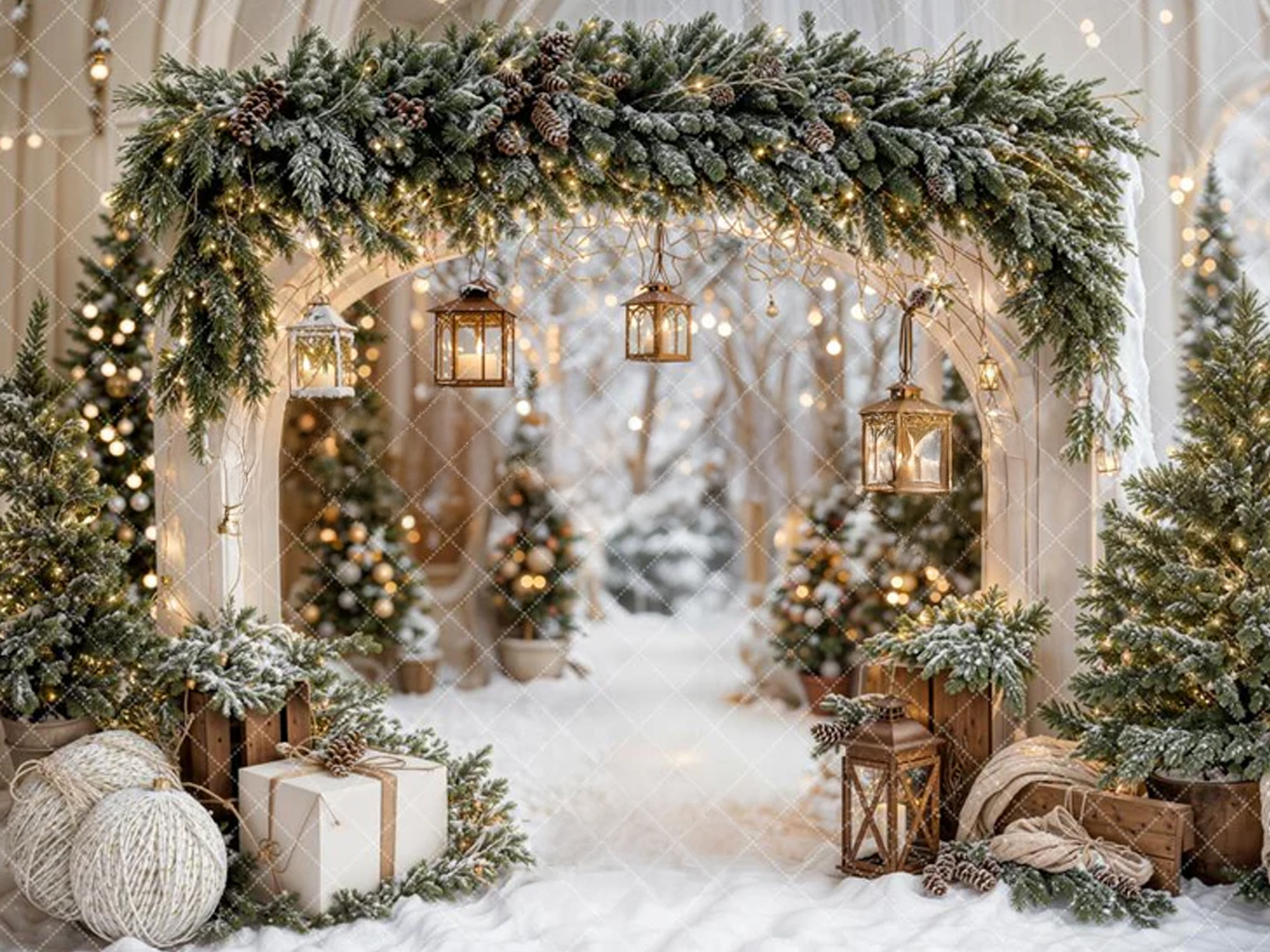Snowy Christmas archway decorated with pine garlands, glowing lanterns, and festive trees with warm lights.