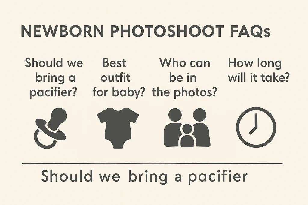 Infographic FAQ with icons of pacifier, outfit, family, and clock representing newborn photoshoot questions.