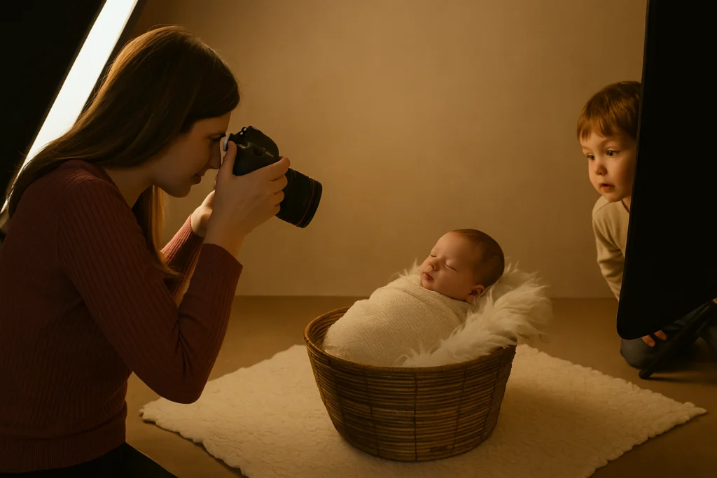 A warm-lit studio scene of Mary taking a photo of a swaddled baby in a basket while a toddler sibling peeks curiously