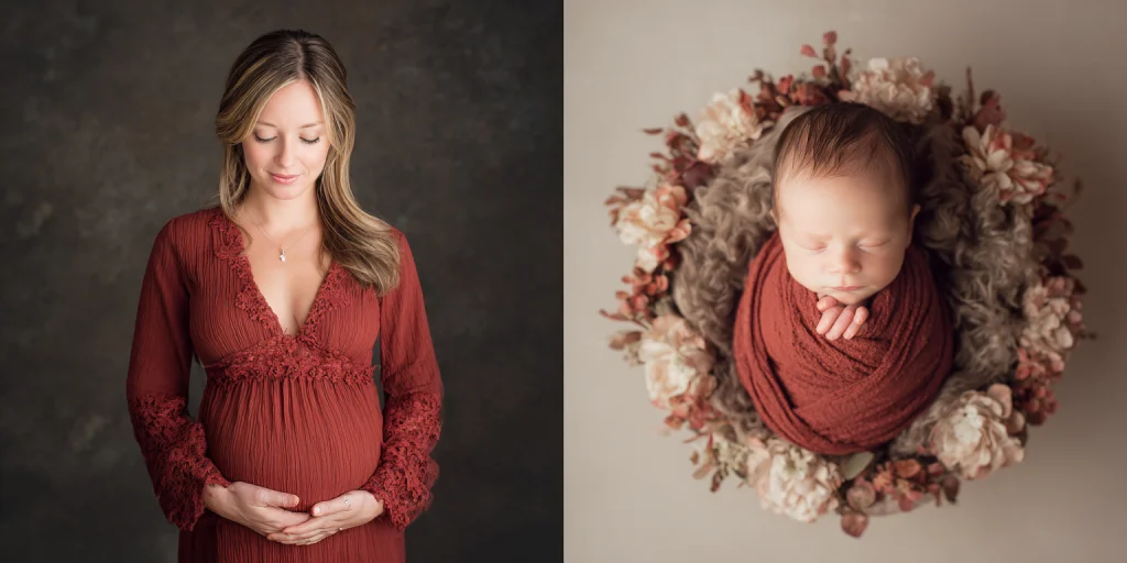 Side-by-side concept showing a maternity portrait next to a newborn image for a Belly to Baby package.