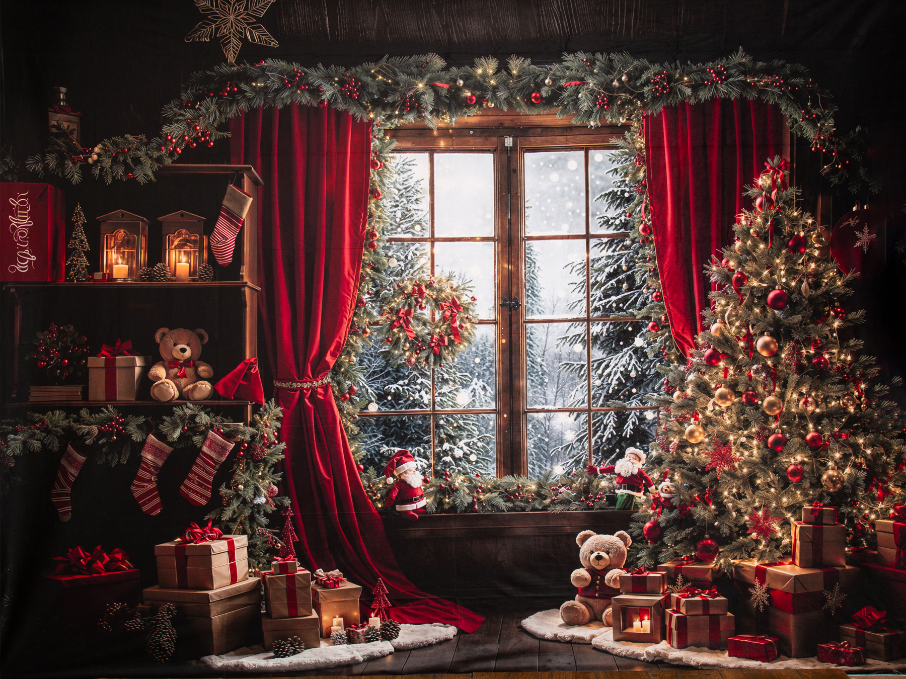 Cozy Christmas living room with decorated tree, red curtains, stockings, gifts, and a snowy window view.