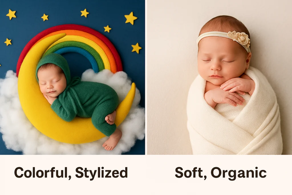 A side-by-side graphic comparison: one side shows colorful, highly stylized newborn photography, the other side shows soft, neutral, organic newborn photos. Label each style clearly.