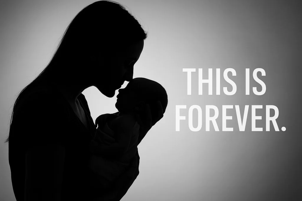 Monochrome silhouette of a mother holding her newborn with text overlay: “This is forever.”