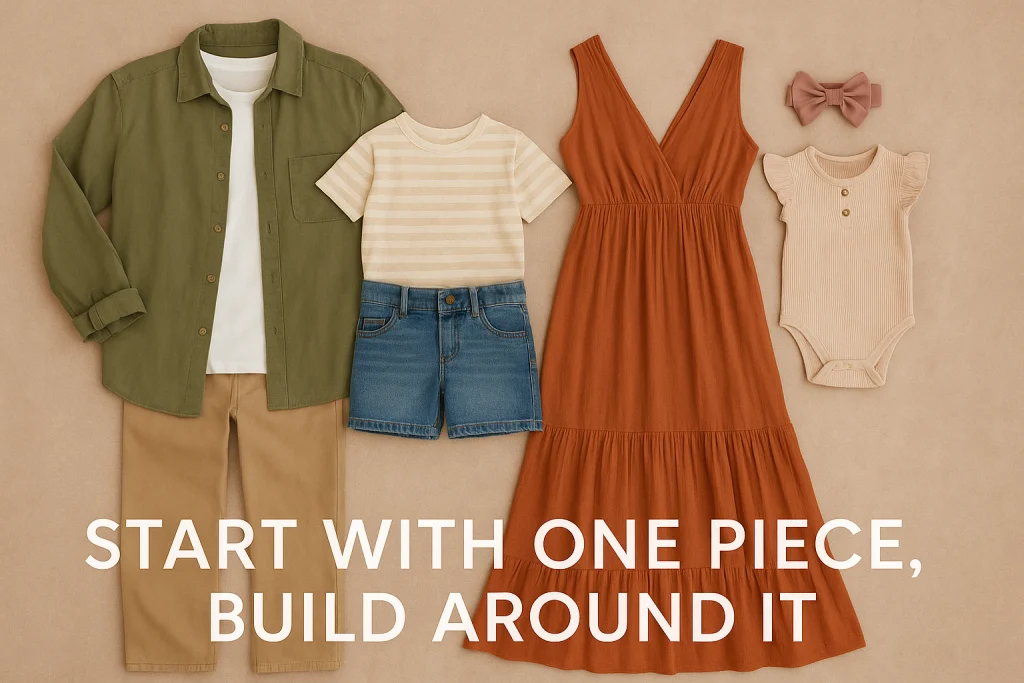 Flat-lay of four coordinated outfits for a family photo with text “Start with one piece, build around it.”