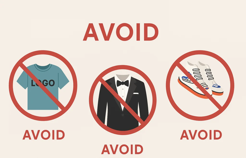 Infographic of what not to wear for Christmas mini sessions, including logos, neon, and stiff outfits.