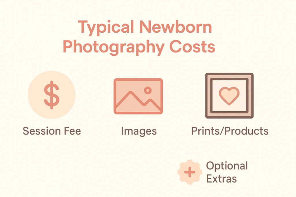A simple infographic breaking down typical newborn photography costs: session fee, images, prints/products, optional extras. Soft color palette with small icons.