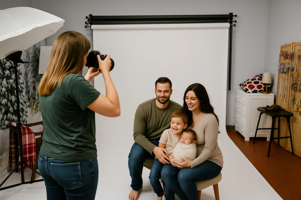 Mary doing a Newborn Photography with Family including the parent and sibling in the studio