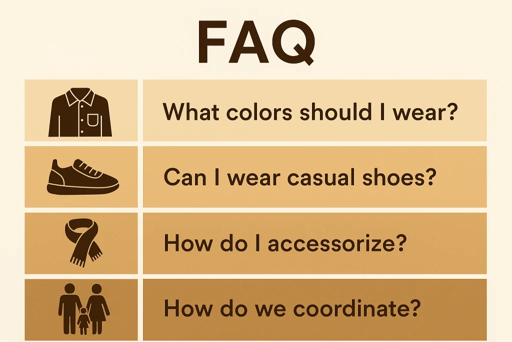 FAQ illustration with icons for shirts, shoes, scarves, and family portraits.