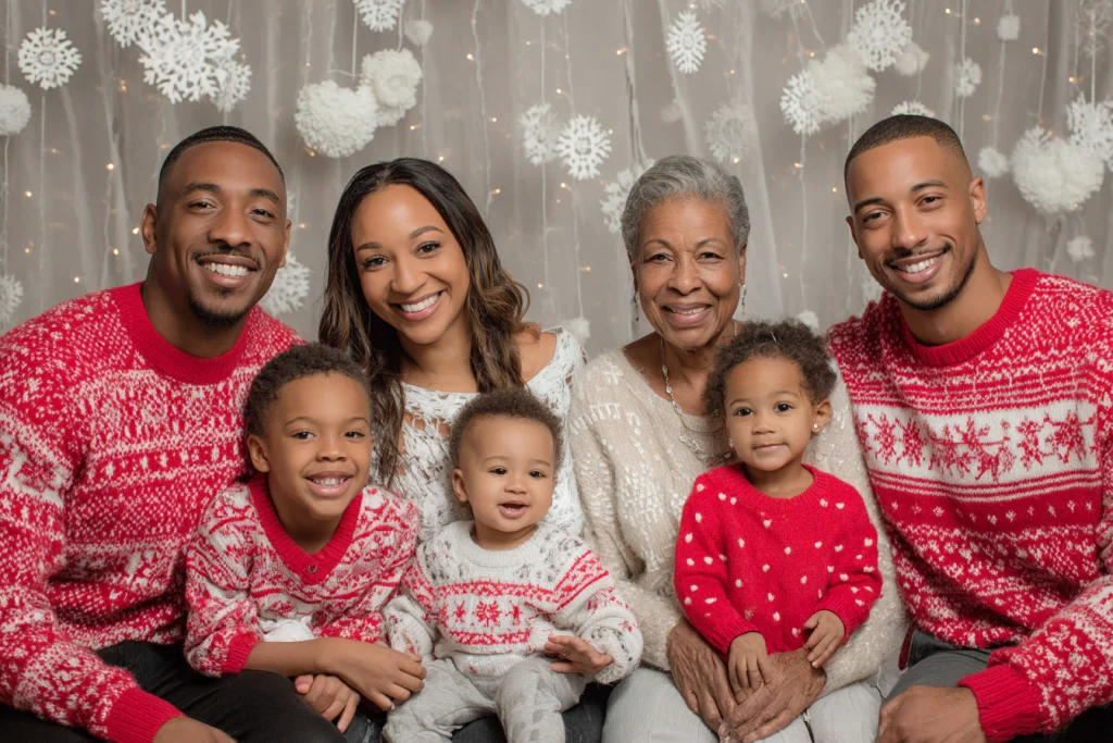 Multi-generational family wearing festive coordinated outfits for a Christmas portrait.