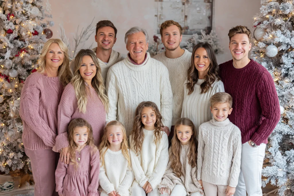 Multi-generational family wearing festive coordinated outfits for a Christmas portrait.