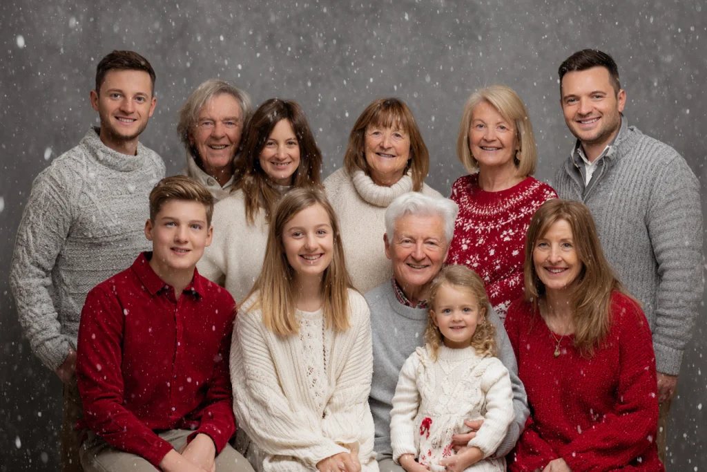 Multi-generational family wearing festive coordinated outfits for a Christmas portrait.