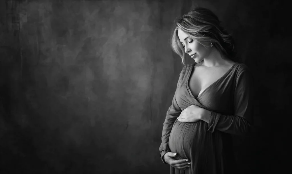 Serene indoor illustration of a pregnant woman cradling her bump in soft, warm light.