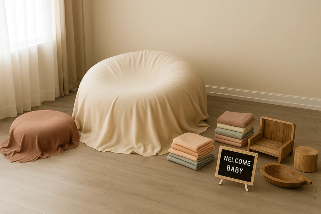 A serene photo showing a sunlit studio setup with cozy beanbags, pastel wraps, wooden props, and a little "Welcome Baby" chalkboard sign.