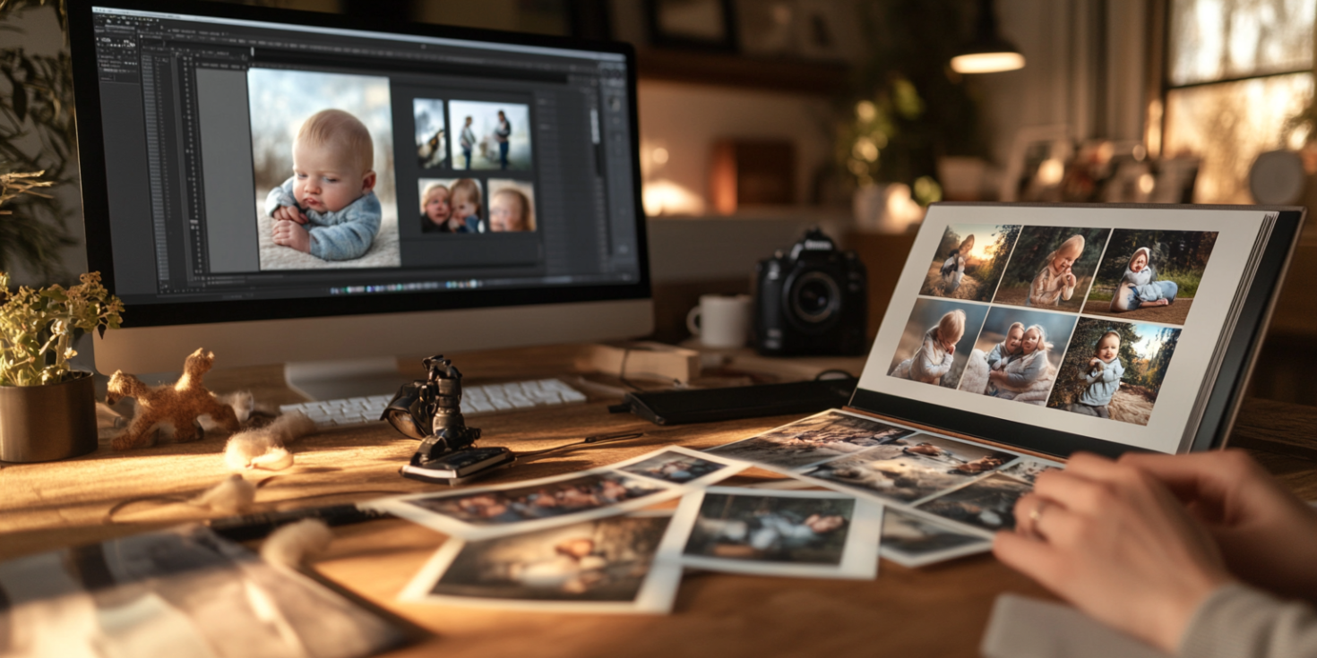 A cozy scene of printed baby photos scattered on a wooden table for newborn photography vancouver