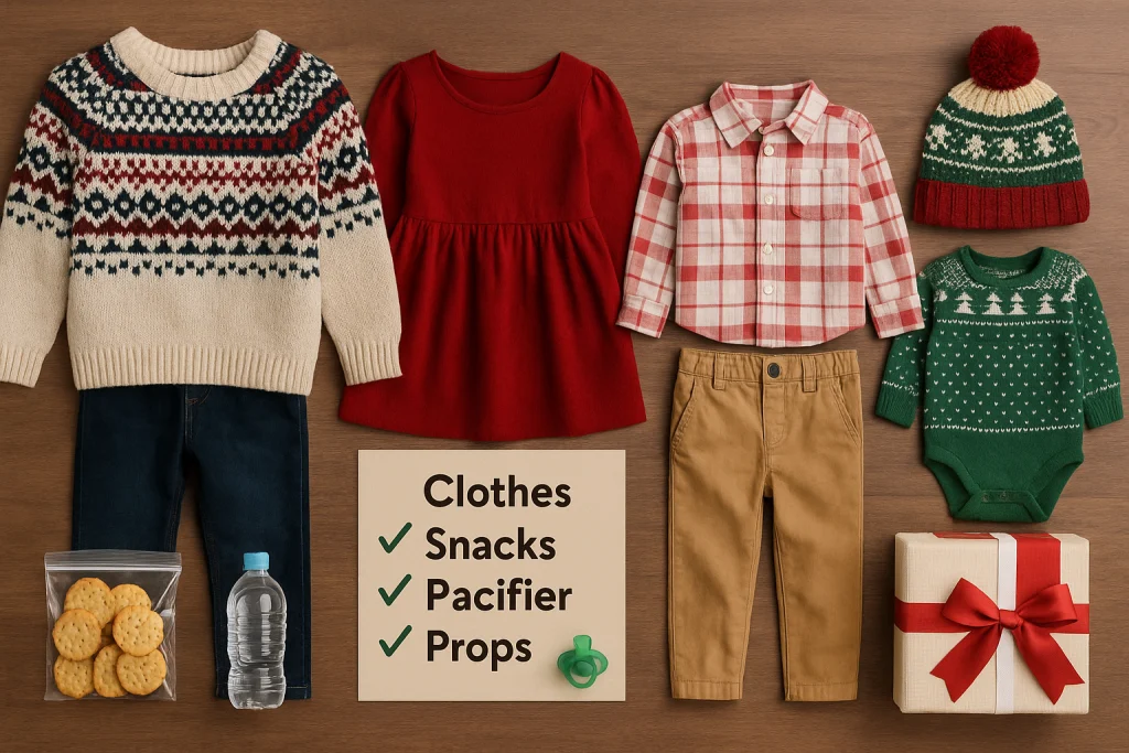 Flat-lay of Christmas family outfits with checklist including clothes, snacks, pacifier, and props.
