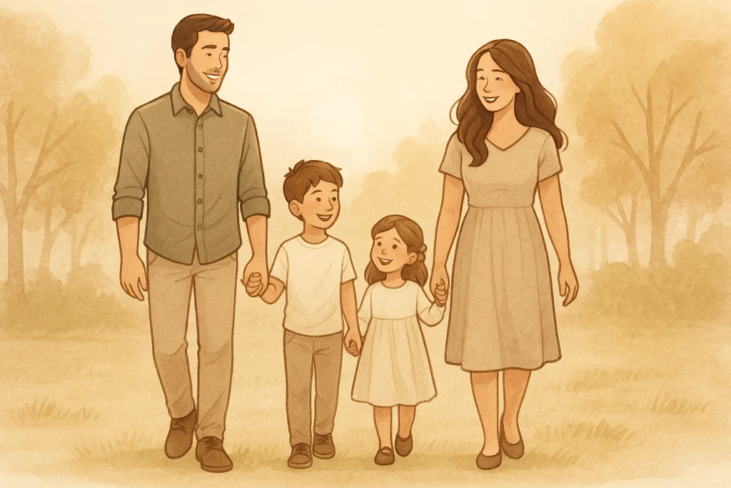 Family holding hands in coordinated outfits smiling in warm natural light.