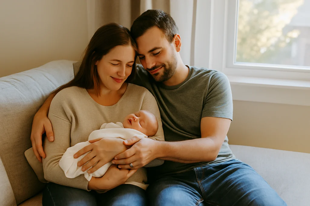 A cozy lifestyle photo of a family cuddling with their newborn on their living room couch, morning sunlight pouring through a nearby window. Candid, relaxed feel.