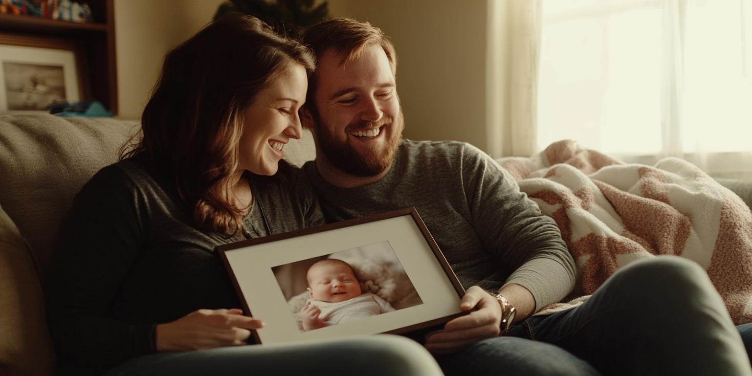 A cozy candid moment of a smiling couple sitting on the couch holding their newborn photo from newborn photography vancouver