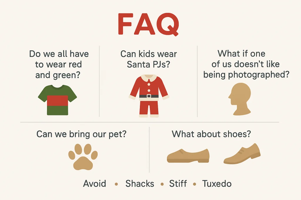 Holiday FAQ graphic with icons for tree, pajamas, camera, and pet paw print.