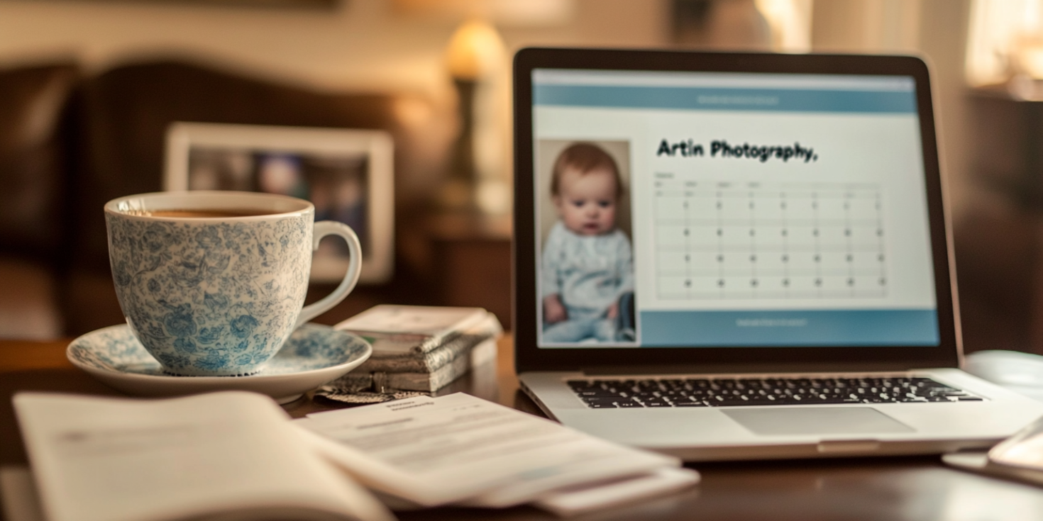 A welcoming desktop setup with a calendar contact form of artin photography booking for newborn photography vancouver