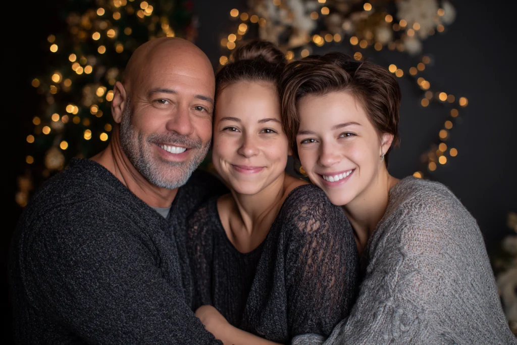 Family hugging in front of a glowing Christmas tree during holiday portraits.