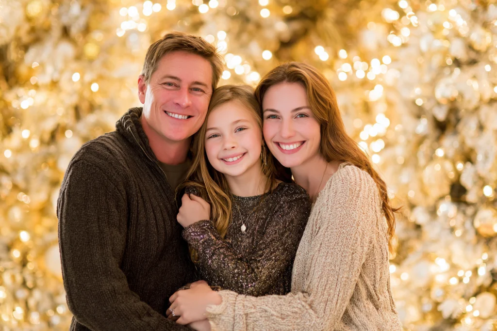 Family hugging in front of a glowing Christmas tree during holiday portraits.
