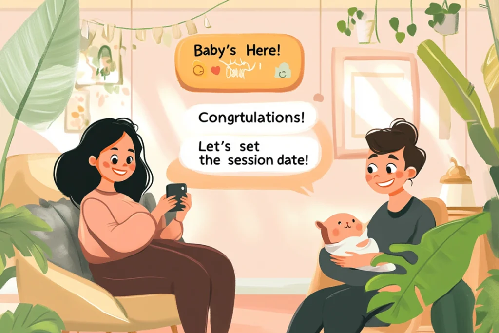 Illustration showing a mom texting her photographer with "Baby's Here!" message, and a smiling photographer replying "Congratulations! Let’s set the session date!" — warm, happy color scheme.
