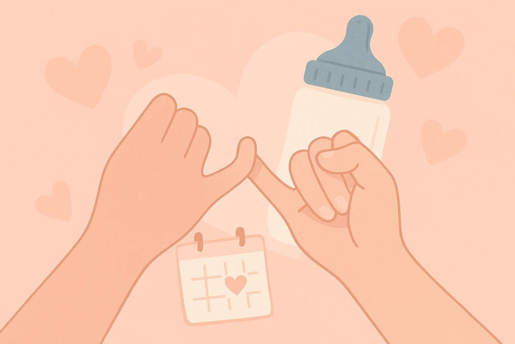 An illustration of two hands making a pinky promise with a baby bottle in the background — soft pastel tones.