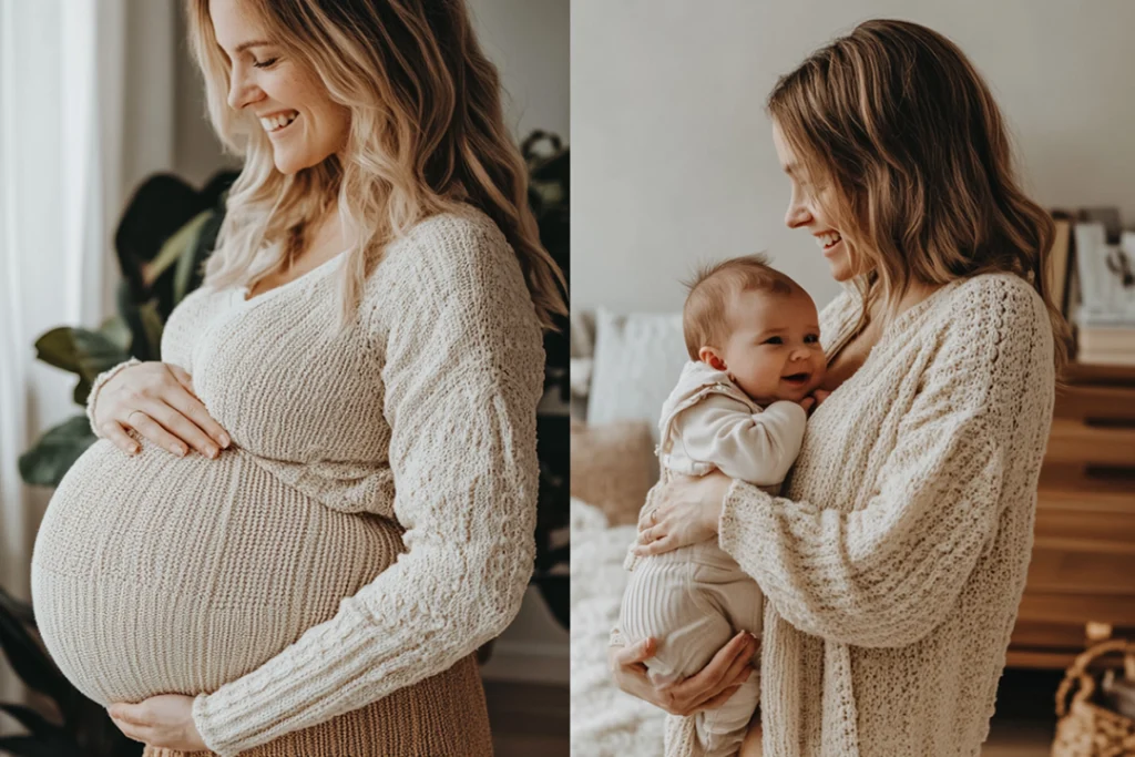 A side-by-side photo collage: one side shows a maternity belly photo, the other side shows the same mom holding her newborn. Light, emotional tone.