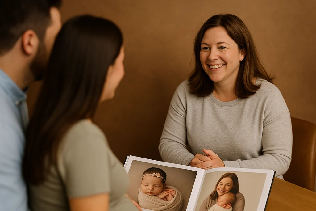 A candid, natural photo of a smiling photographer talking with parents during a casual consultation — warm studio backdrop, relaxed vibe.