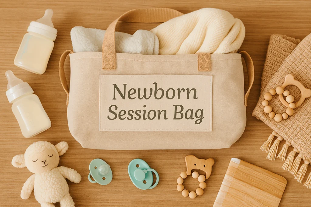 A flat-lay photo of a “Newborn Session Bag” packed with soft blankets, bottles, a pacifier, and a small toy, laid out on a wooden table. Warm, soft tones.