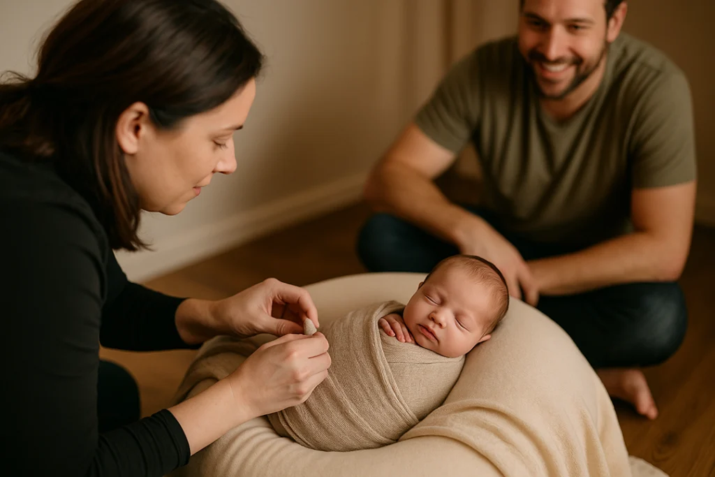 A behind-the-scenes image of a baby sleeping peacefully on a beanbag while the photographer gently adjusts a swaddle, with a smiling parent watching nearby.