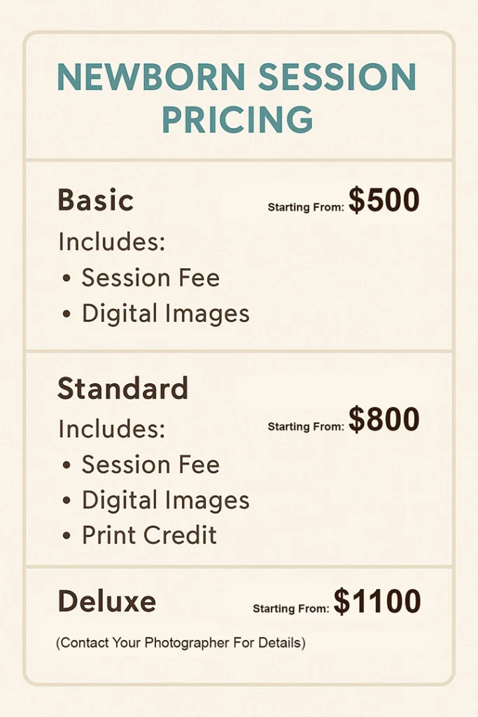 A simple, easy-to-read pricing guide styled like a modern menu — showing newborn session tiers (Basic, Standard, Deluxe) with price ranges and what’s included.