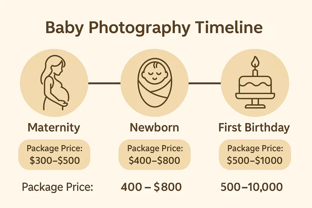 Infographic showing a 3-part baby photography timeline: Maternity – Newborn – First Birthday, with simple icons and package prices under each milestone.