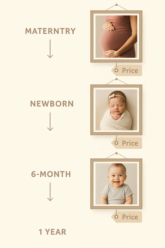 A vertical visual timeline showing Maternity → Newborn → 6-Month → 1 Year, each milestone represented by a photo frame with a small caption and price tag underneath.