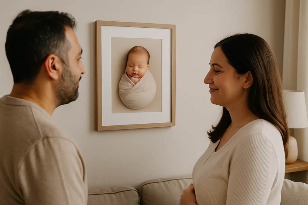 A soft, emotional photo of parents gazing at a printed newborn portrait framed on their wall — gentle lighting, neutral tones, subtle smile on the mother’s face.