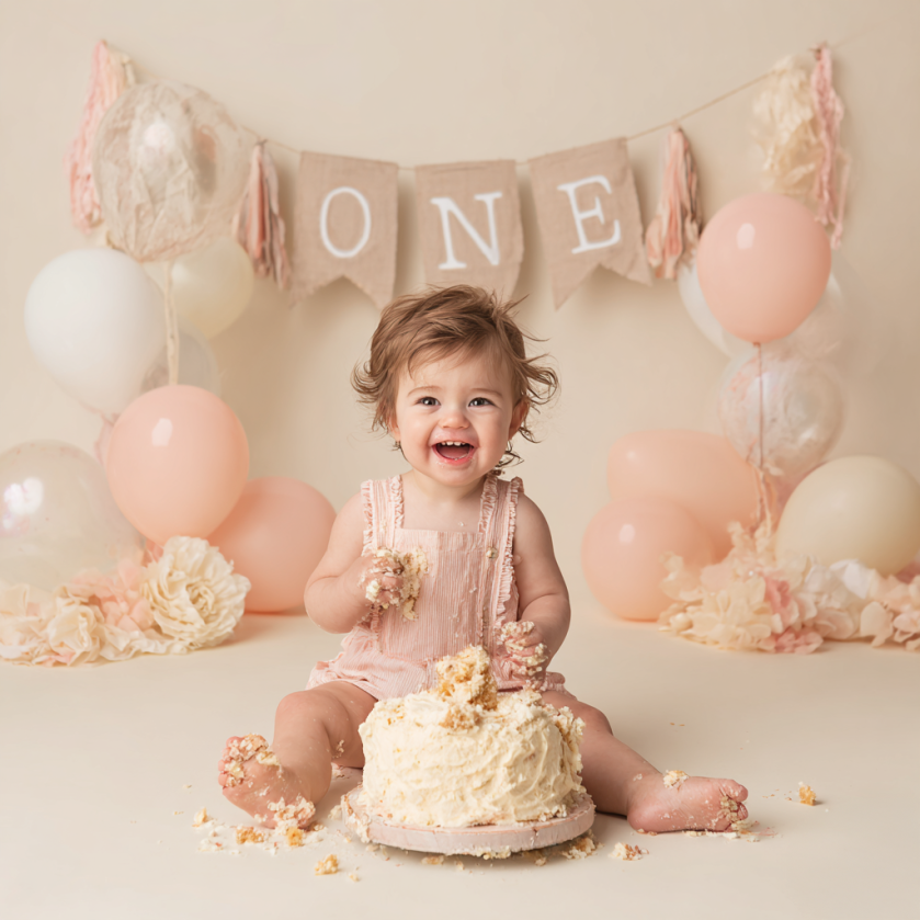 A joyful one-year-old sits in front of a smashed cake, covered in frosting, laughing amid pastel balloons and decorations during a fun cake smash session.